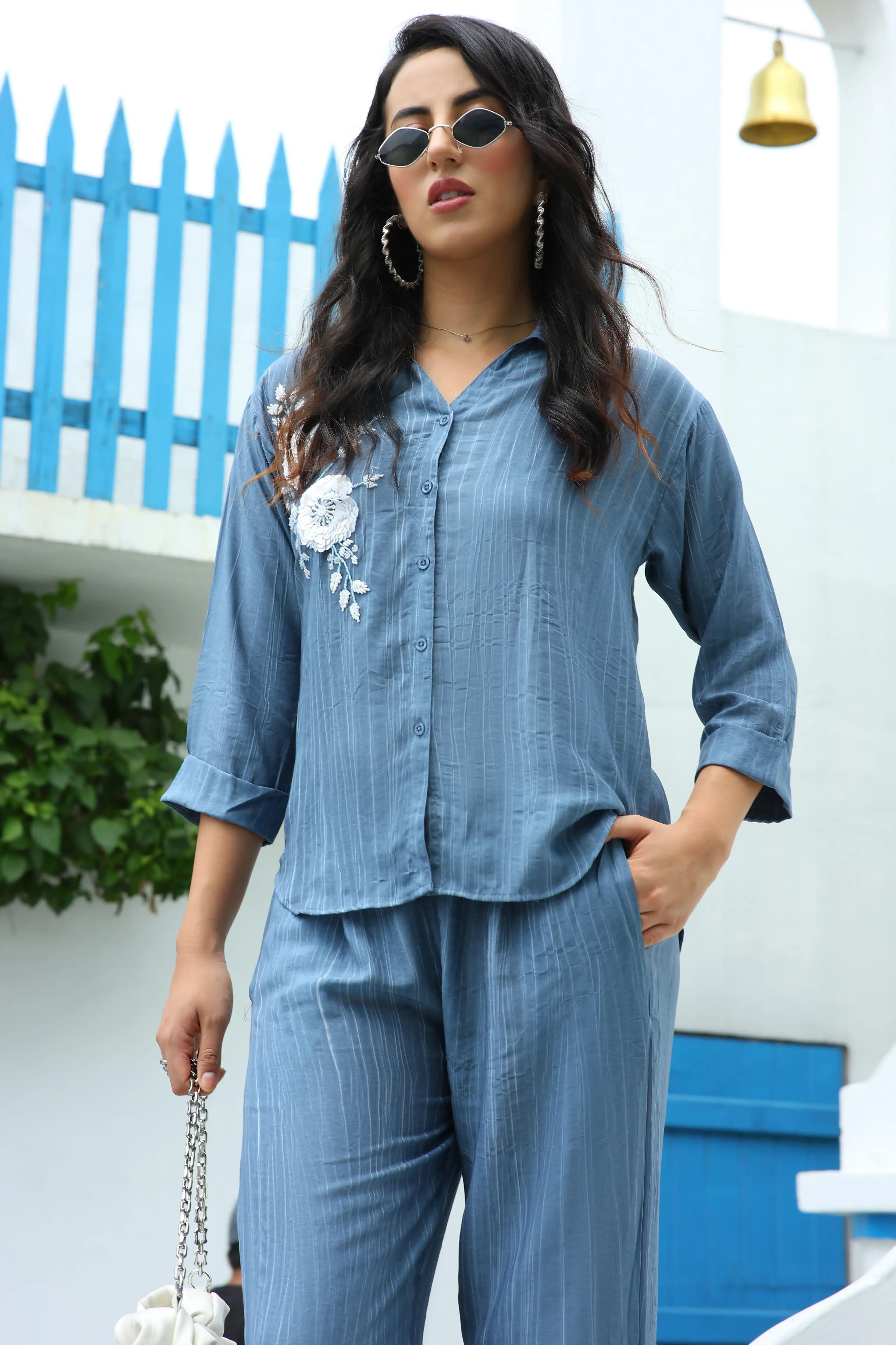 Embellished Striped Viscose Co-ord Set