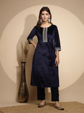 Navy Blue Embellished Full Sleeve Round Neck Velvet Kurta For Women