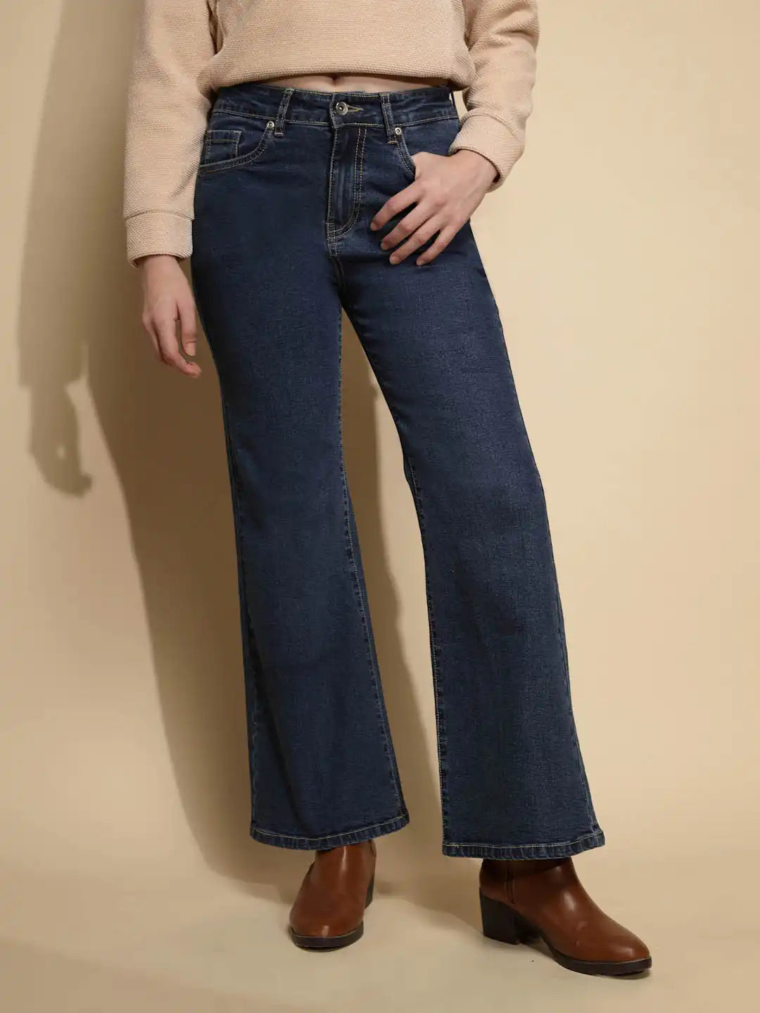 Dark Blue Solid Cotton Blend Mid Rise Wide Leg Jeans - Global Republic