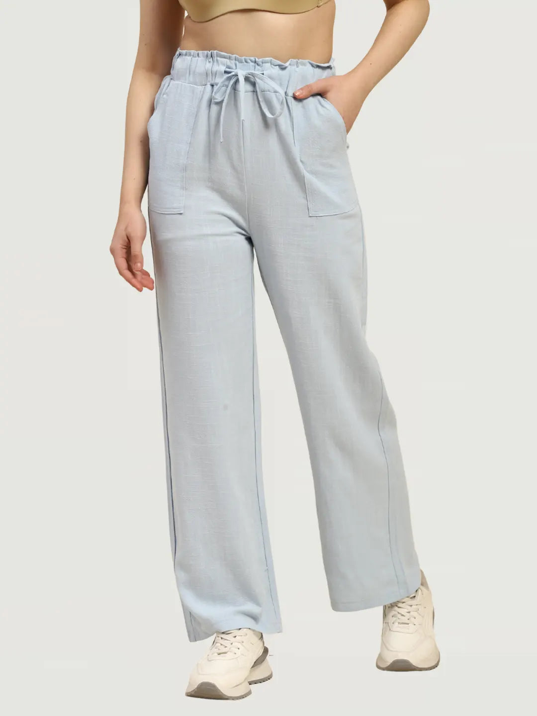 Blue Solid Cotton Linen Relaxed Lower