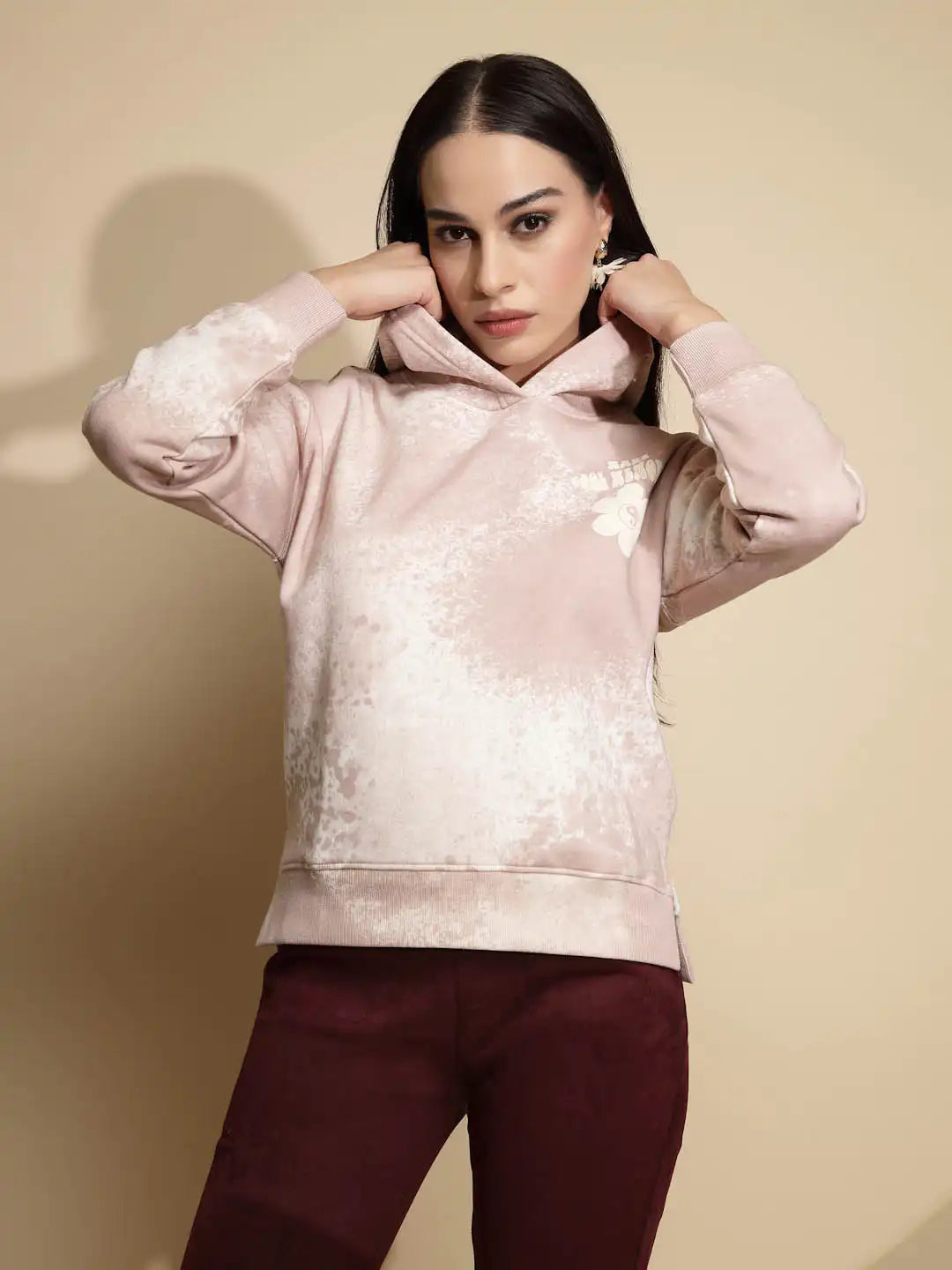Dusty Pink Solid Full Sleeve Acrylic Hooded Sweatshirt