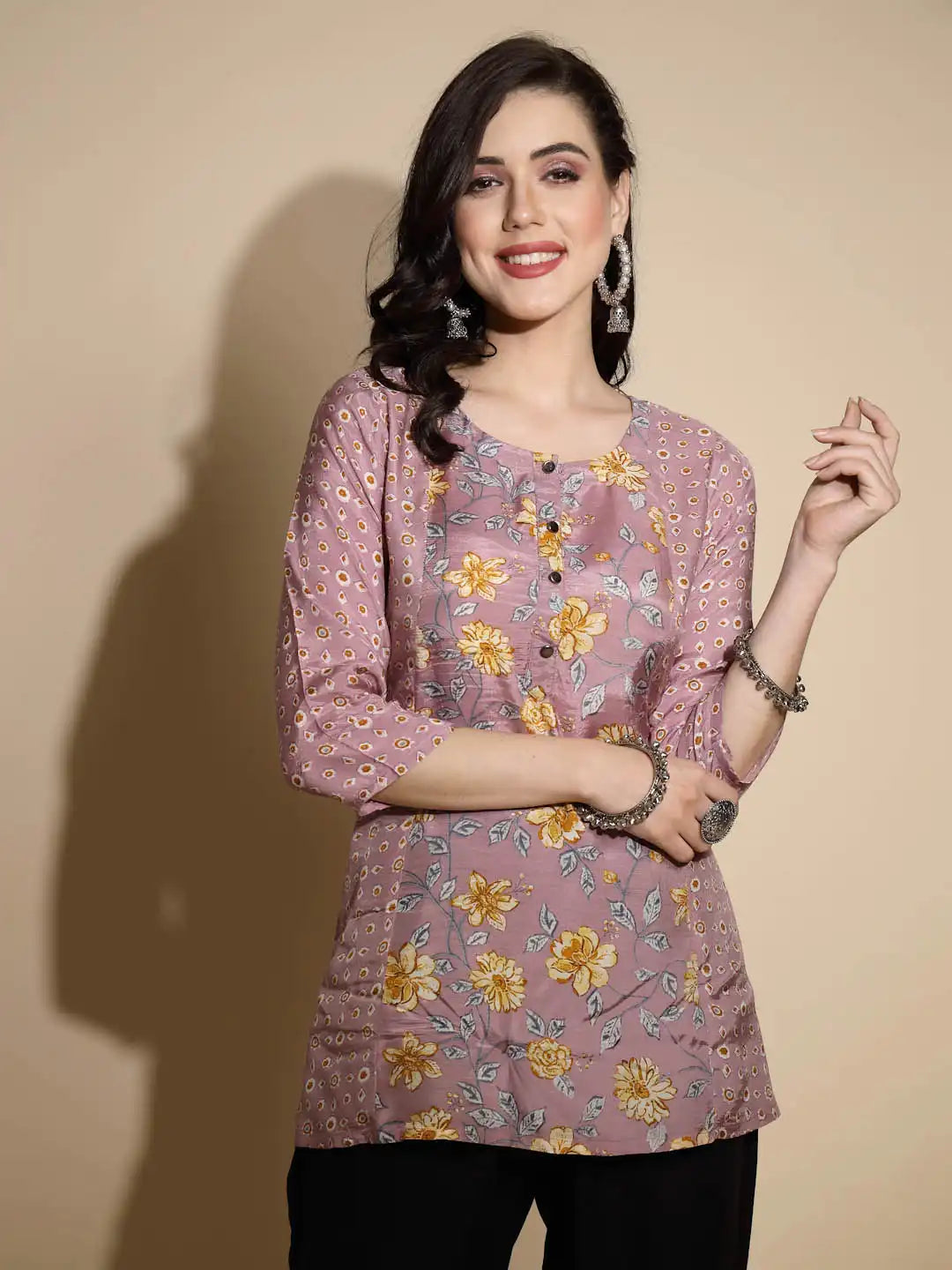 Mauve Floral Print Satin Tunic - Global Republic