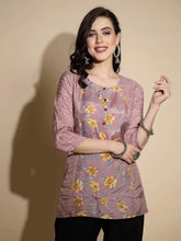 Mauve Floral Prints Three Quarter Sleeves Round Neck Satin Tunic