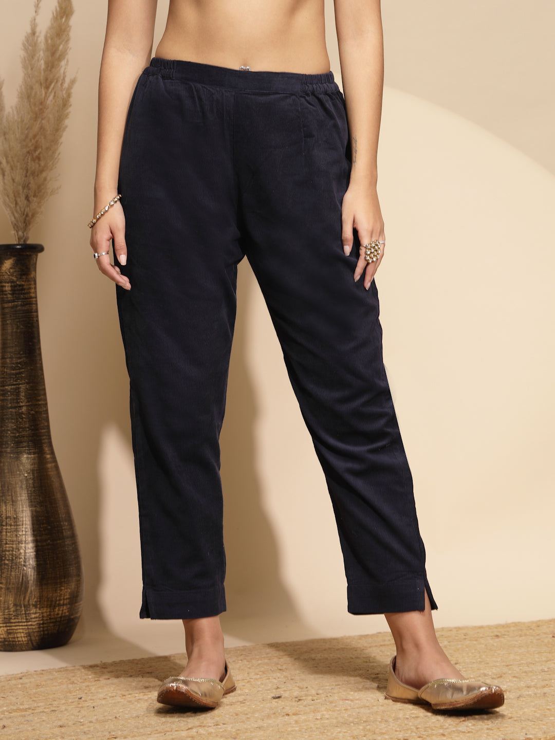 Navy Blue Solid Woolen Blend High Rise Regular fit Pants For Women