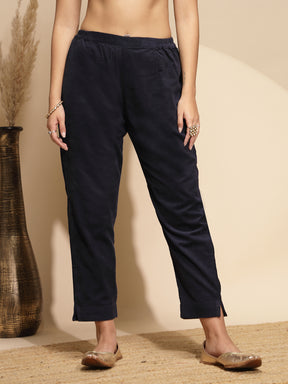 Blue Solid Wool Blend Pant