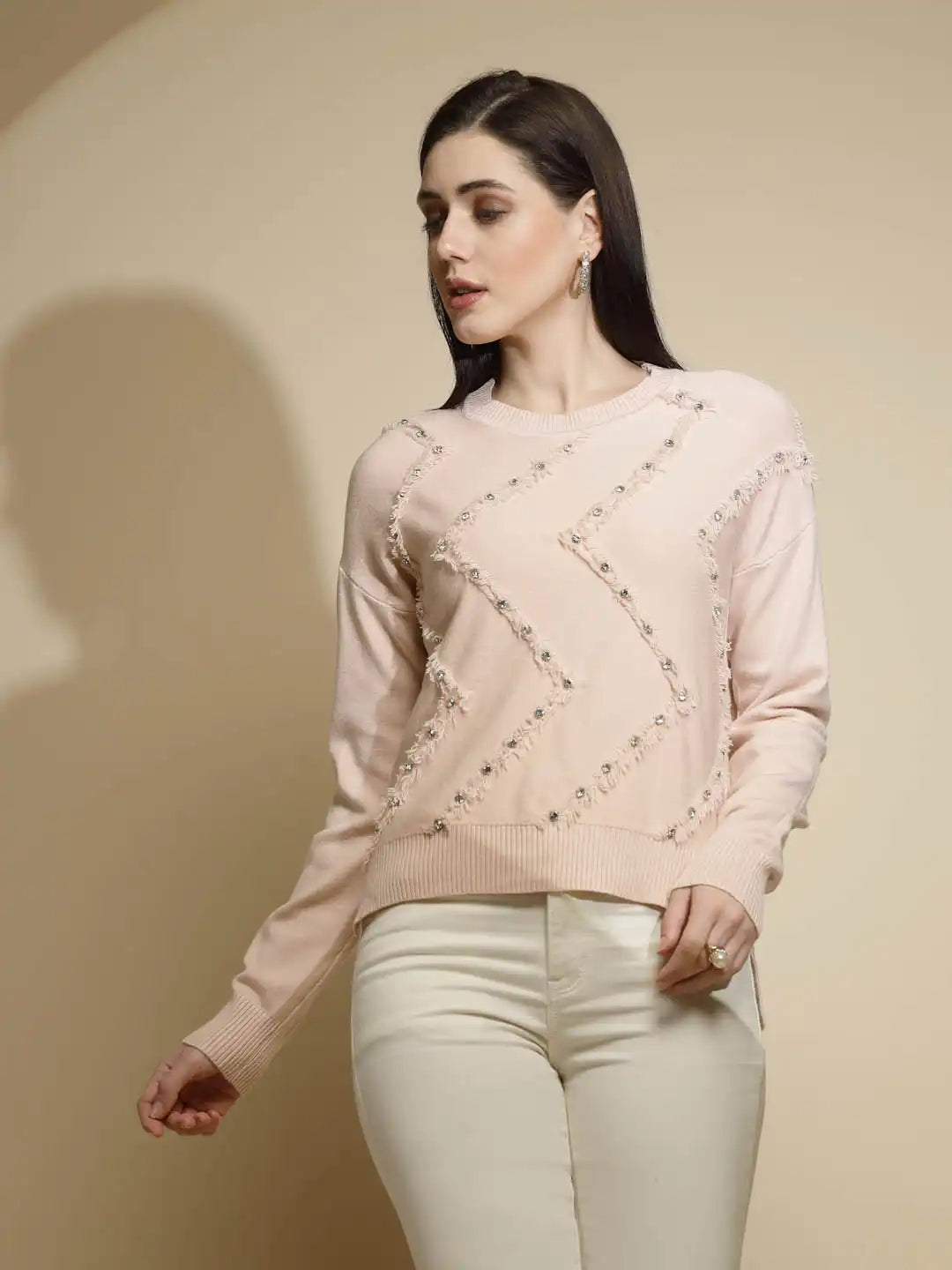 Pink Embellished Full Sleeve Round Neck Pullover Sweater