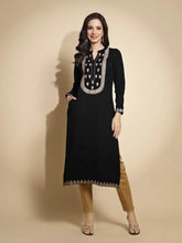 Black Embroidered Full Sleeve Round With V-Neck Woolen Kurta