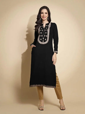 Black Embroidered Full Sleeve Round With V-Neck Woolen Kurta