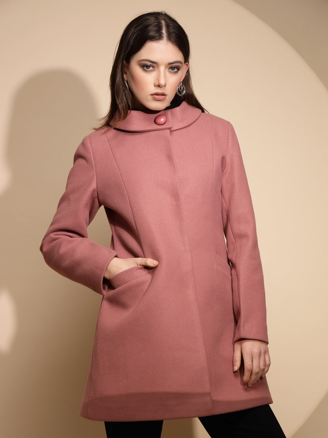 Women Pink Solid High Neck Full Sleeve Loose fit Coat