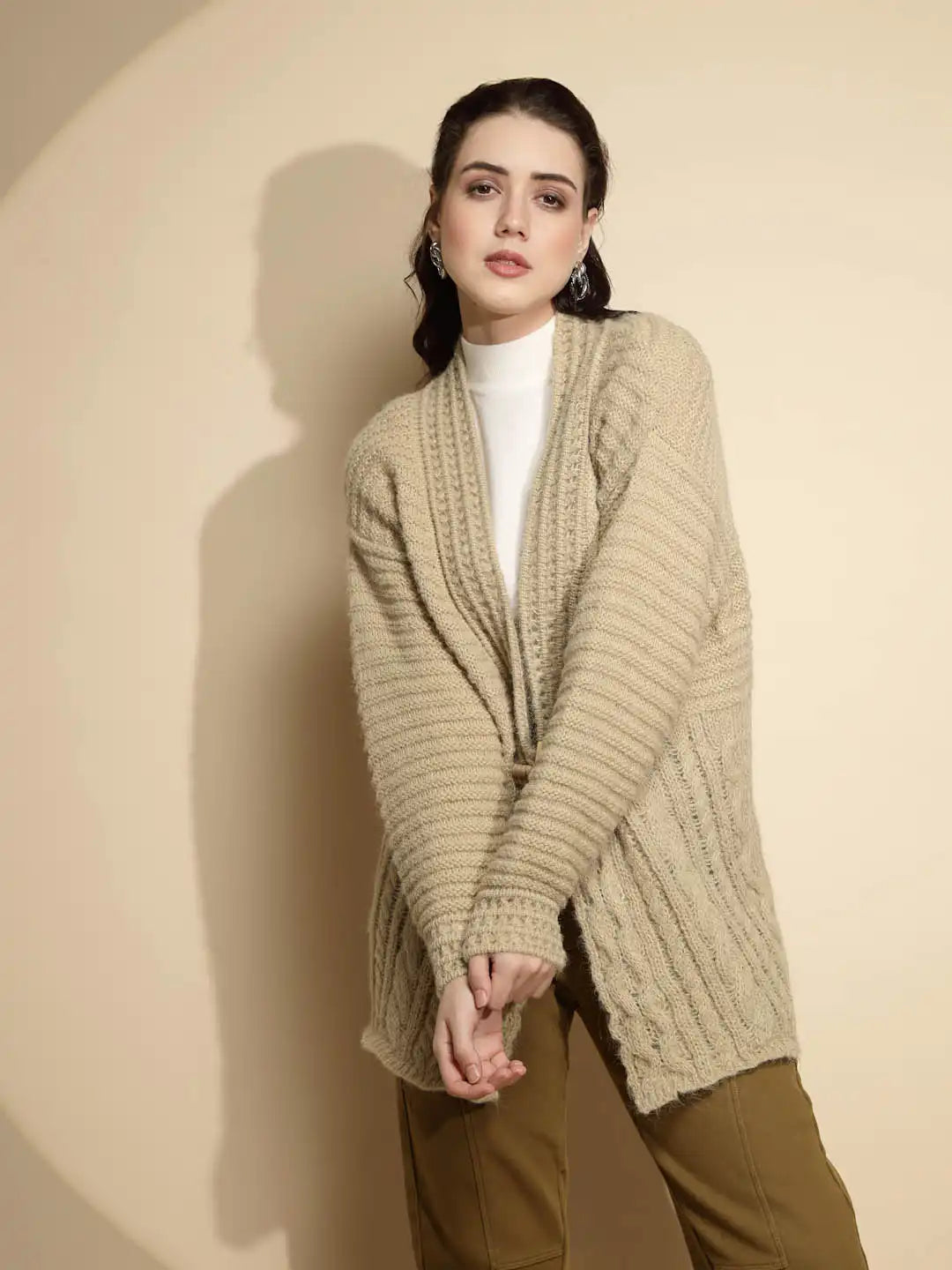 Light Olive Solid Full Sleeve Open Neck Cardigan