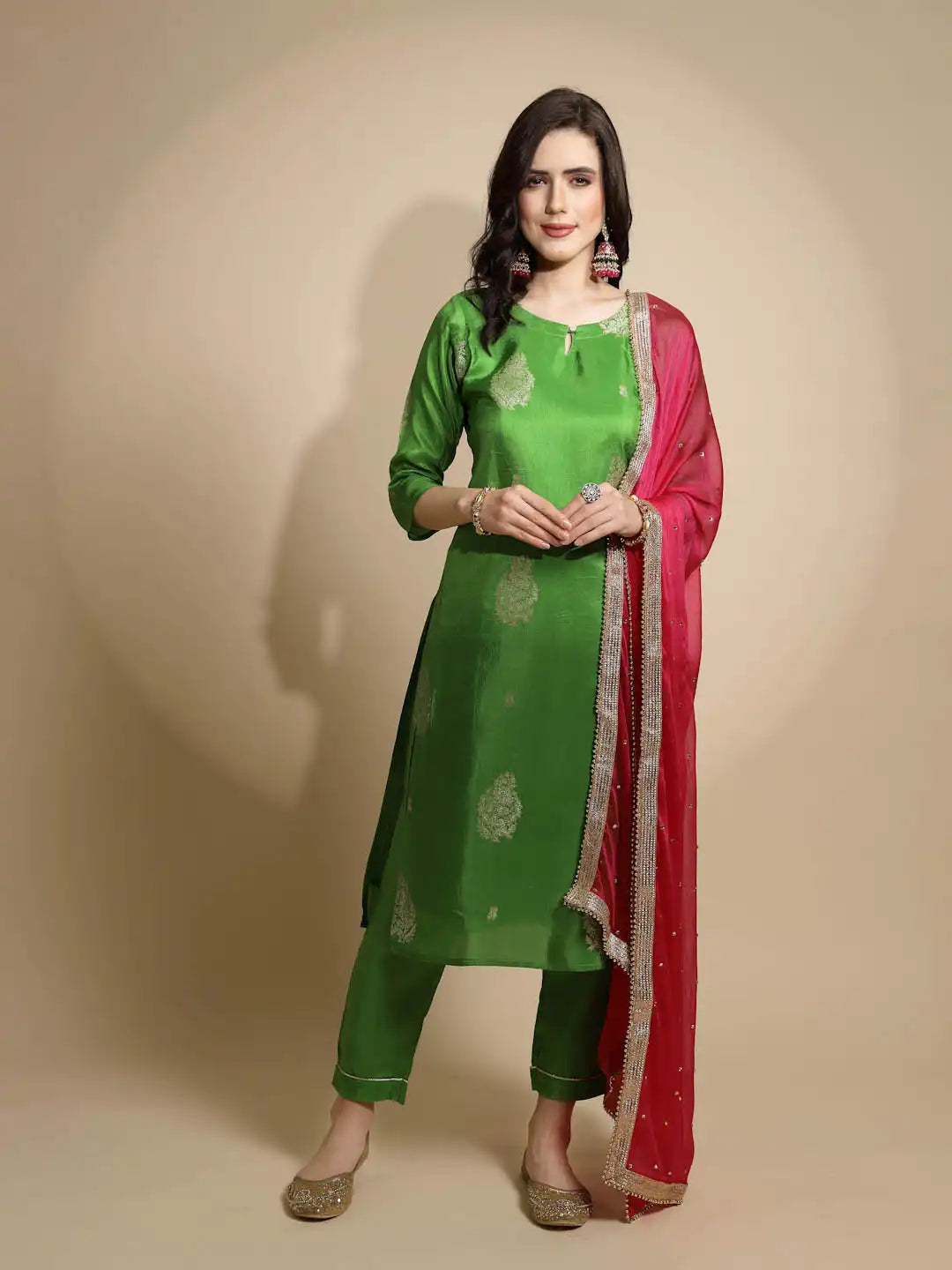 Green Foil Printed Three Quarter Sleeves Key Hole Neck Silk Kurta Set With Georgette Dupatta