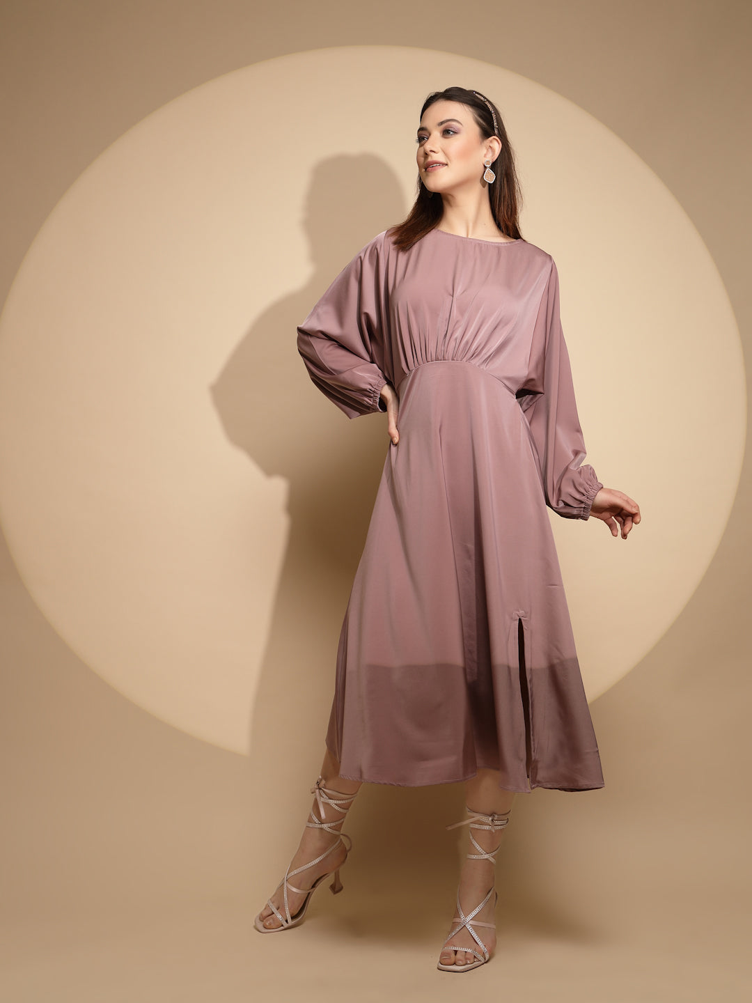 Dusty Nude Solid Satin Long Dress - Global Republic