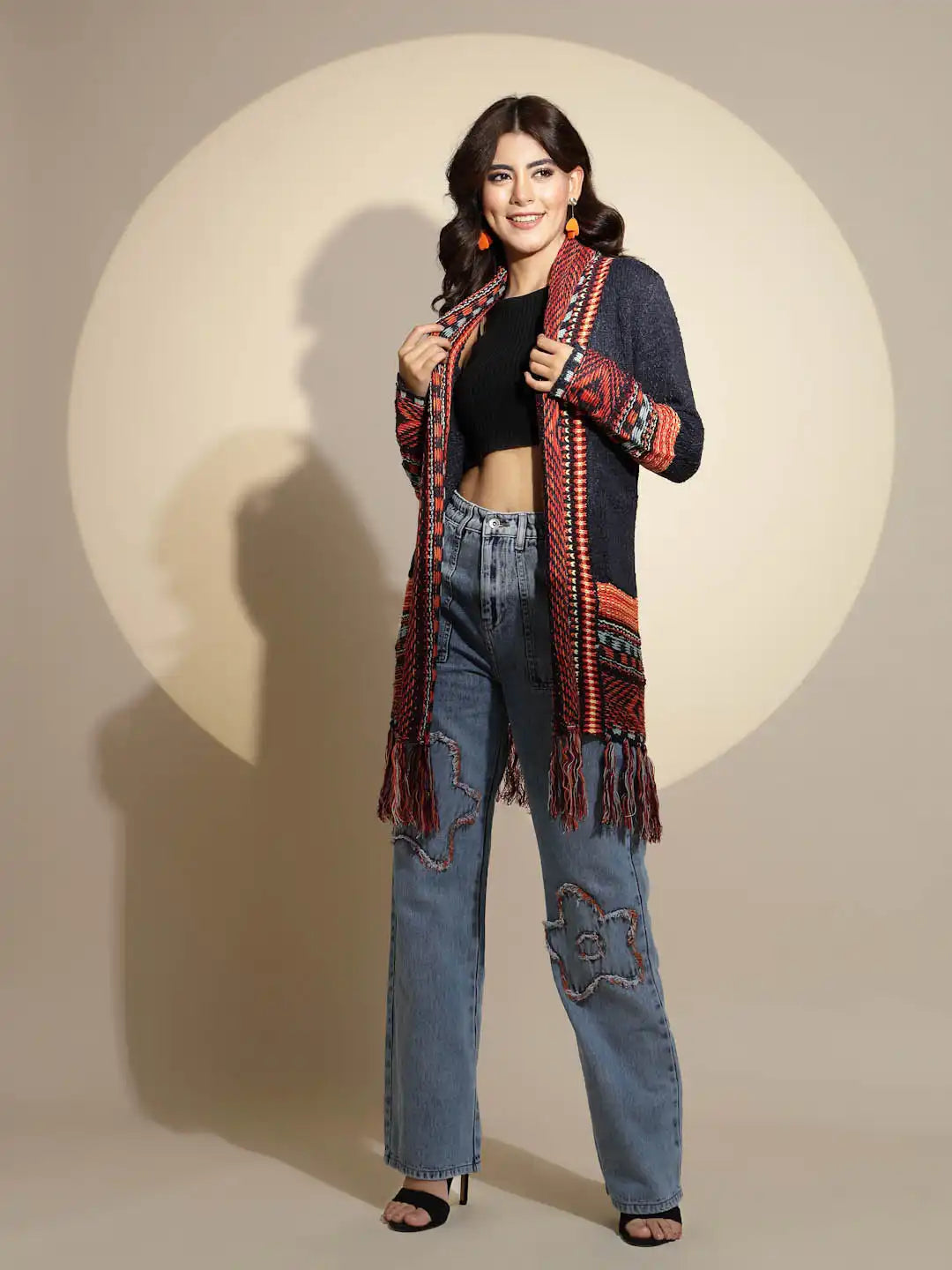 Blue Geometric Print Full Sleeve Collared Neck Knitted Shrug - Global Republic