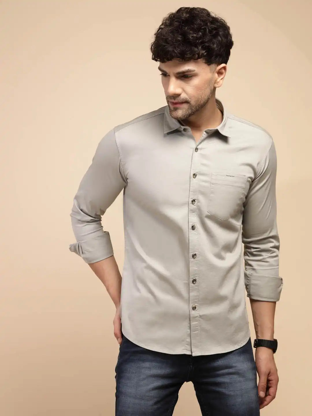 Grey Solid Full Sleeve Collared Neck Cotton Blend Shirt - Global Republic
