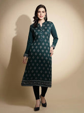 Green Printed Full Sleeve Round With V Neck Woolen Kurta