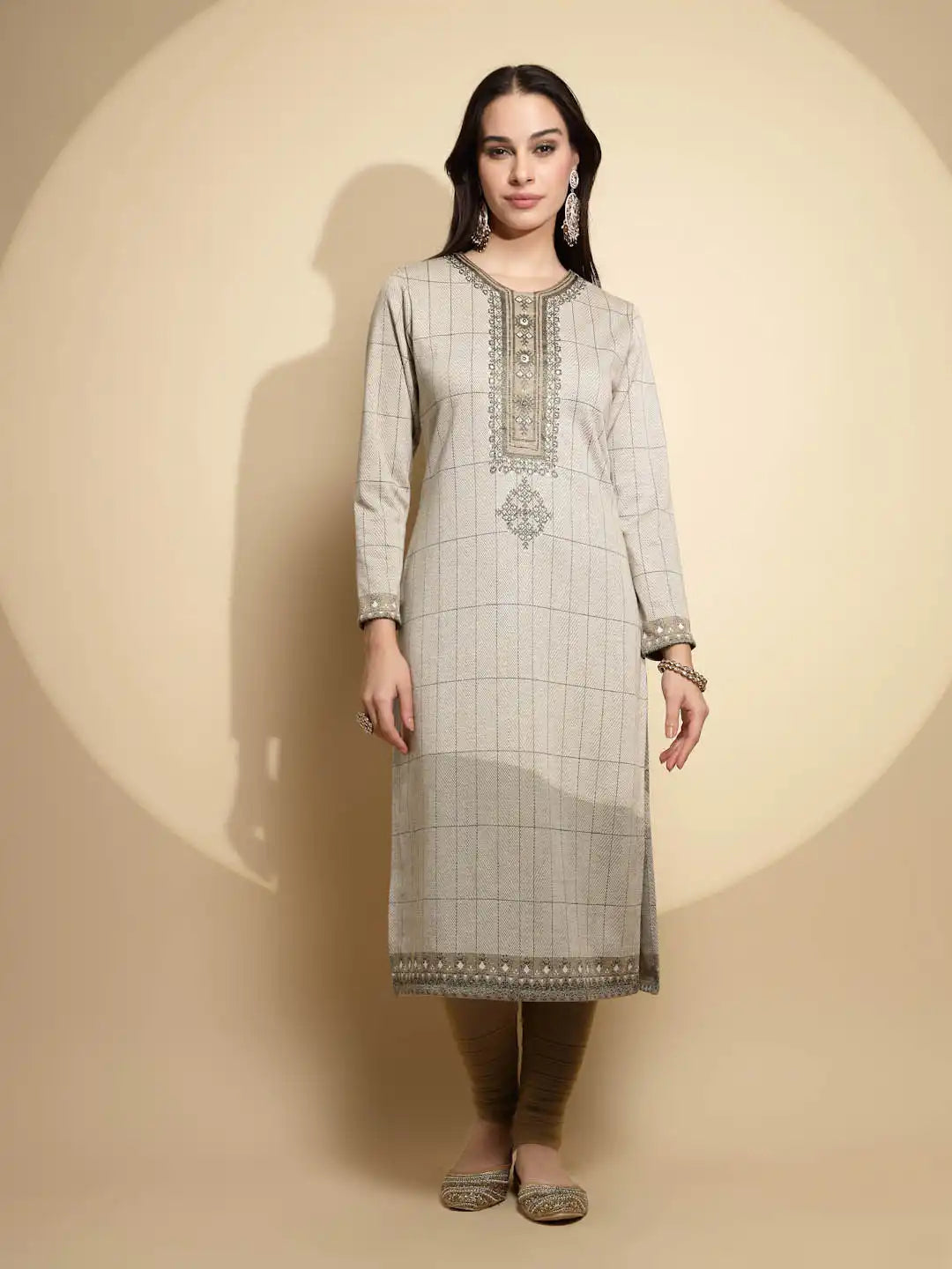 Cream Embellished Full Sleeve Crew Neck Woolen Kurta