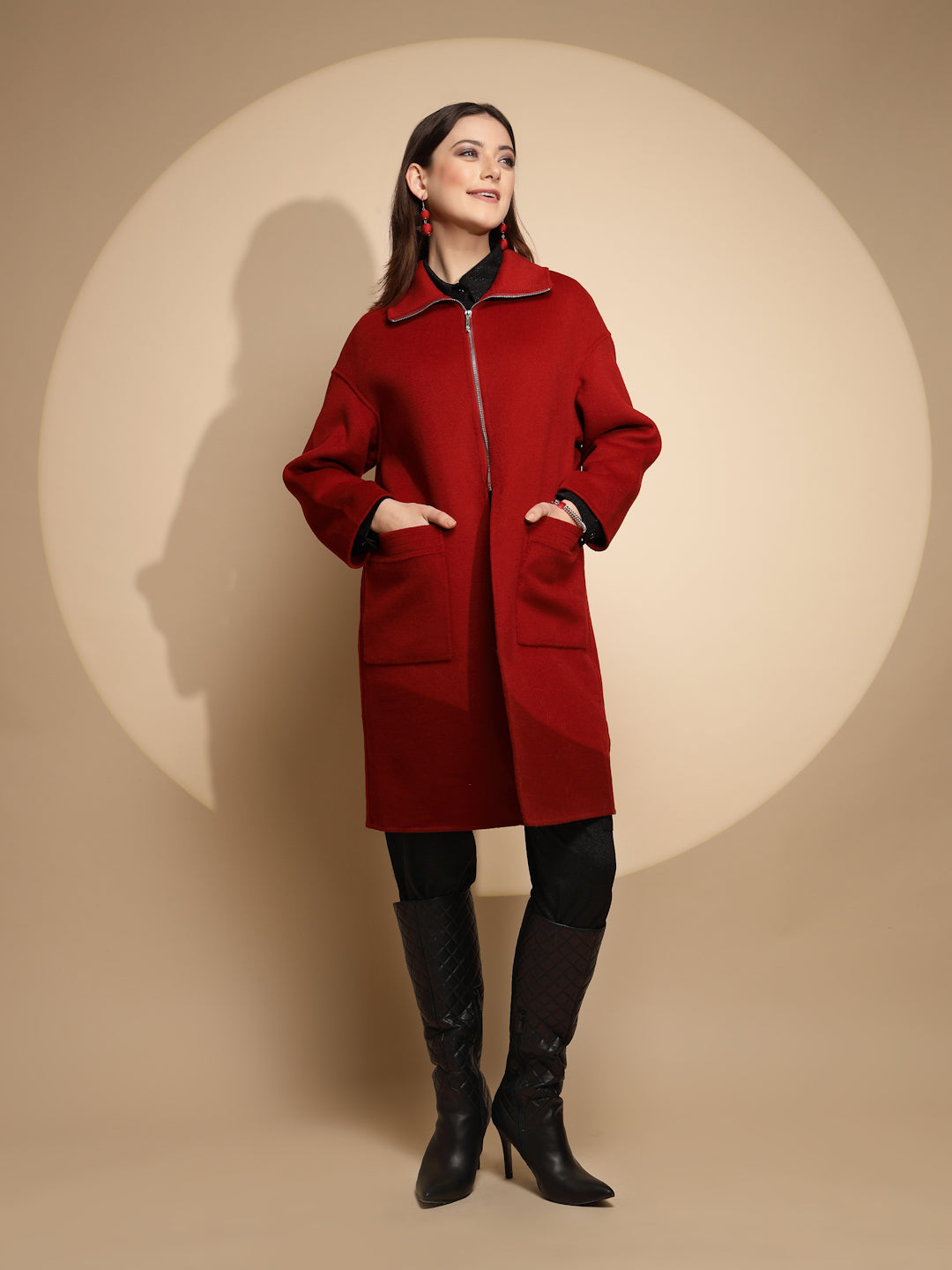 Women Red Solid Collared Neck Full Sleeve Woolen Long Coat - Global Republic