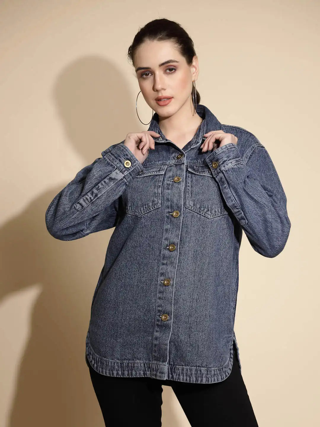 Blue Solid Full Sleeve Collared Neck Denim Shacket