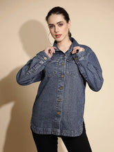 Blue Solid Full Sleeve Collared Neck Denim Shacket