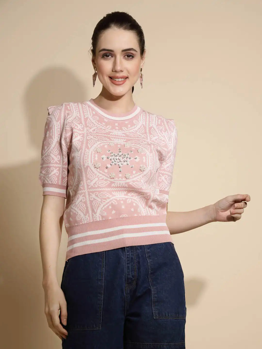 Pink Abstract Print Half Sleeve Crew Neck  Top - Global Republic