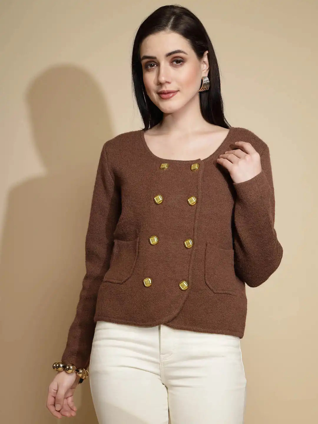 Brown Solid Full Sleeve Round Neck Acrylic Winter Pea Coat