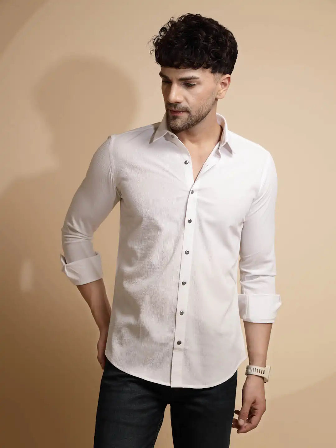 White Solid Full Sleeve Collared Neck Polyester Blend Shirt