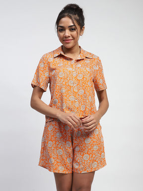 Orange Rayon Floral Nightsuit