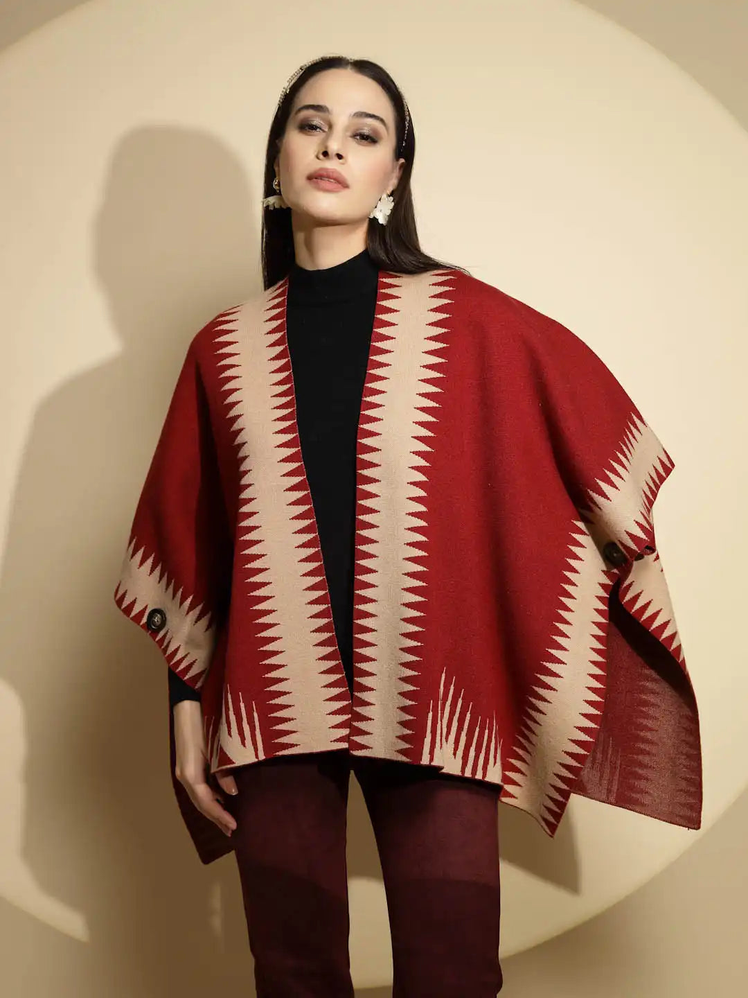 Maroon Abstract Print Winter Shrug