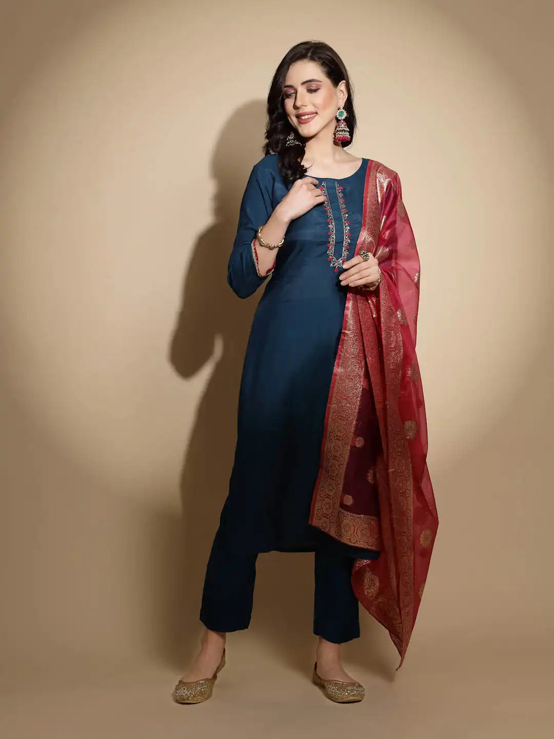 Teal Embroidered Cotton Kurta Bottom Set With Organza Dupatta