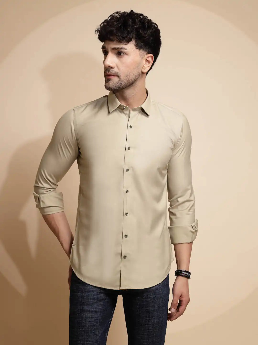 Beige Solid Full Sleeve Collared Neck Cotton Blend Shirt