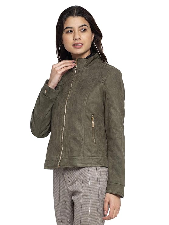 Women Green T- Neck Solid Jacket - Global Republic