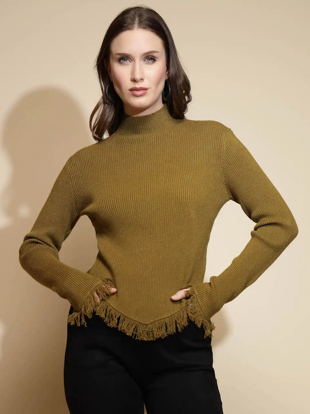 Light Olive Solid Full Sleeve Turtle Neck Woolen Fringed Pullover Sweater