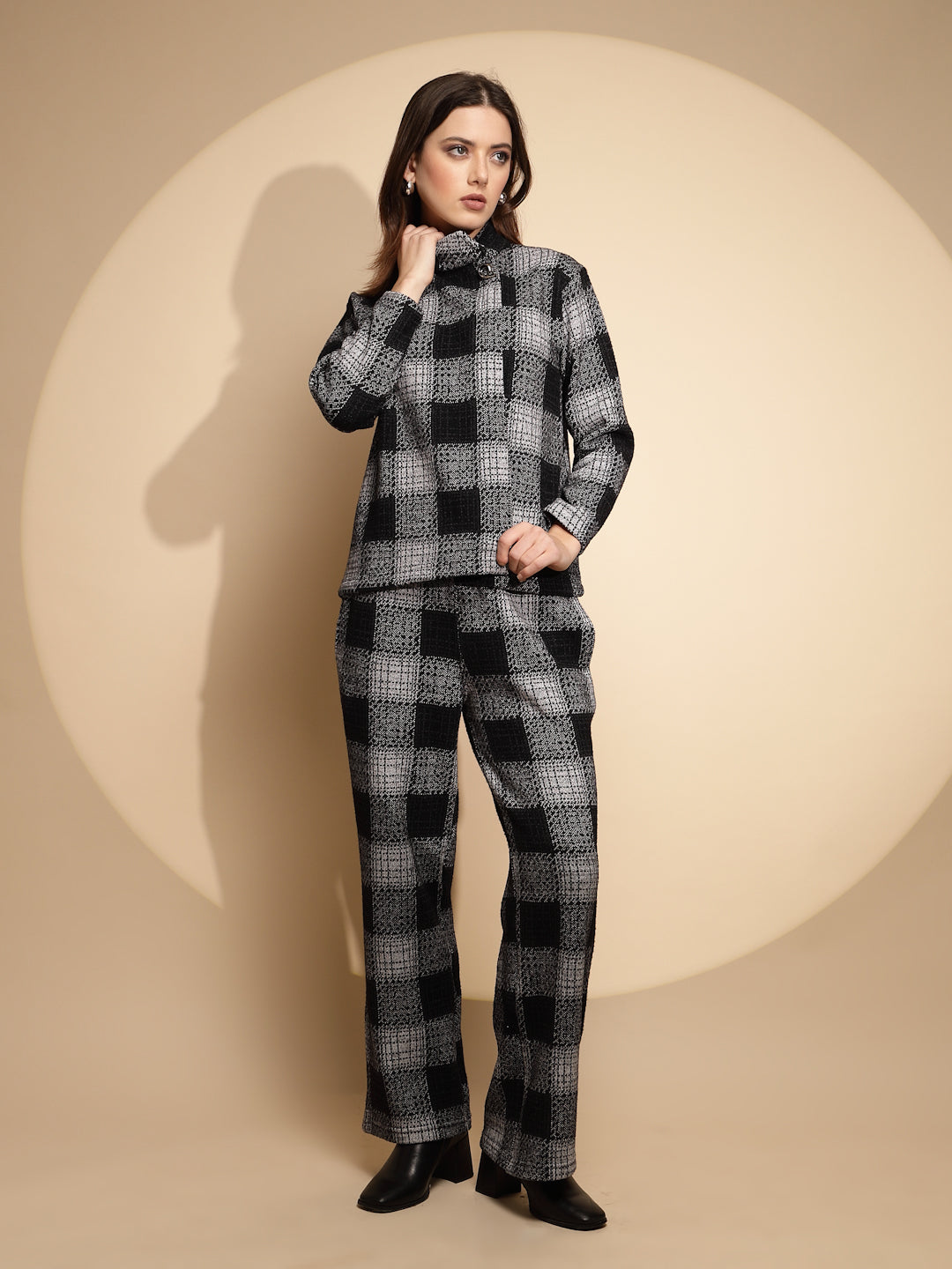 Women Black Checkered Turtle Neck Full Sleeve Loose fit Co-ord Set