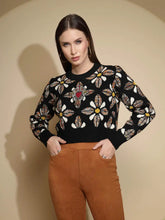 Black Embellished Full Sleeve Round Neck Jacquard Pullover Sweater