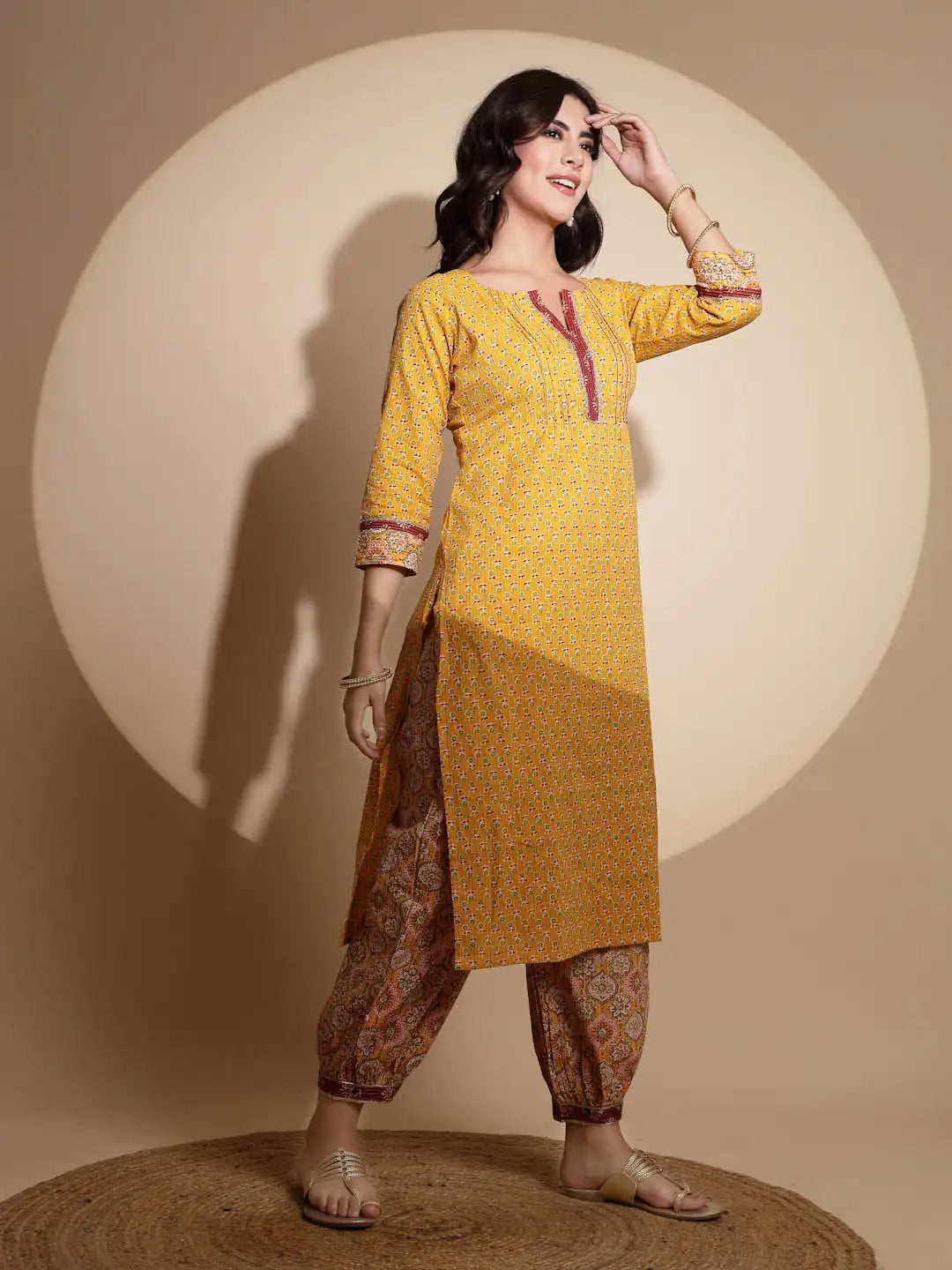 Yellow Embellished Three Fourth Sleeve V Neck Cotton Kurta Set - Global Republic