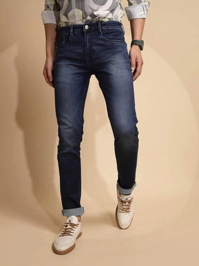 Solid Blue Mid Rise Denim Folding Jeans