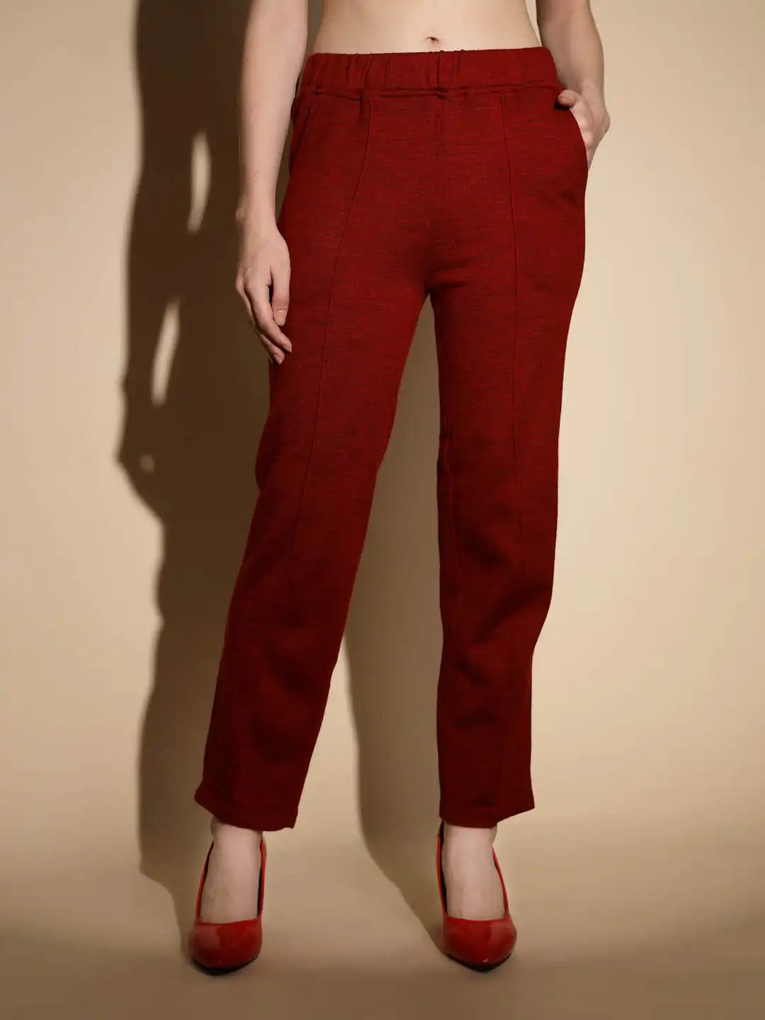 Maroon Solid Straight Cut Low Rise Pants