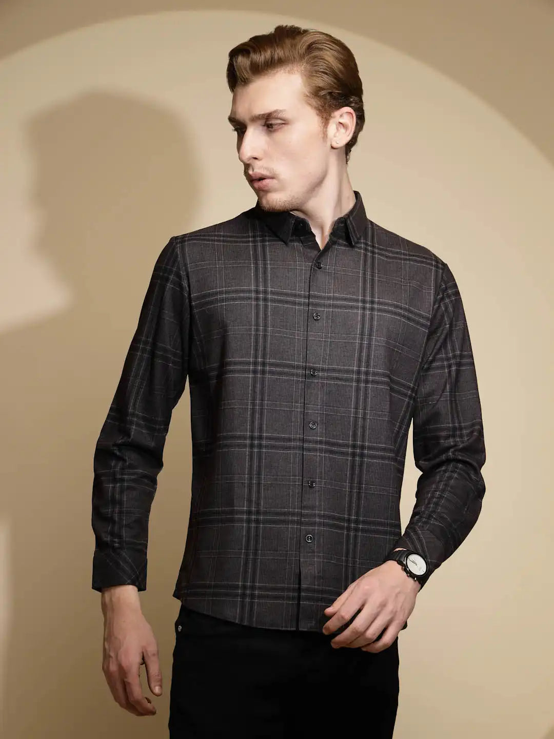 Grey Checkered Full Sleeve Collared Neck Polyseter Shirt