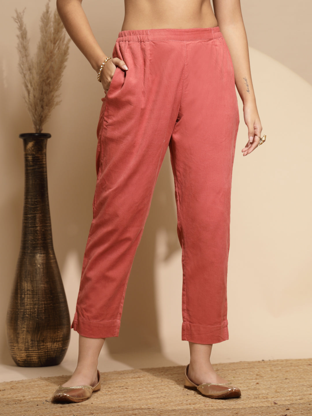 Peach Solid Cotraise Mid Rise Loose fit Pants For Women