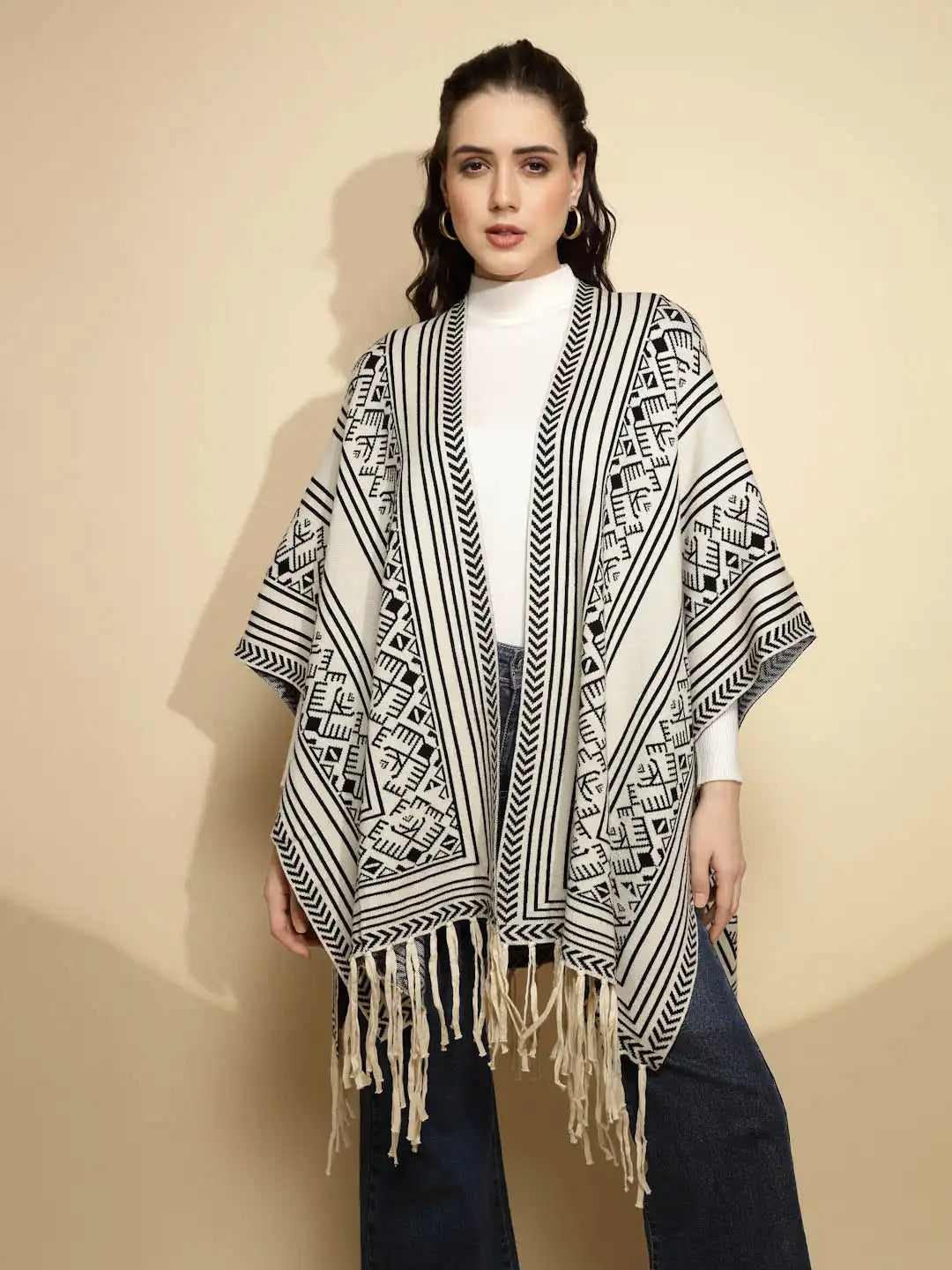 Off White Abstract Print Three Quarter Sleeve Open Neck Knitted Winter Shrug