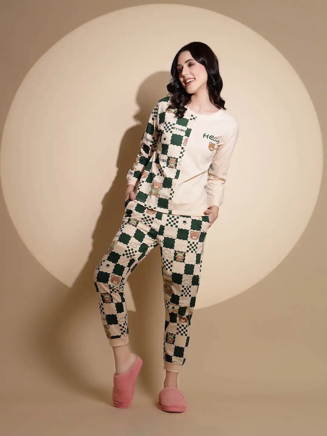 Peach and Green Hosiery Printed Top & Pyjama Night Suit Set