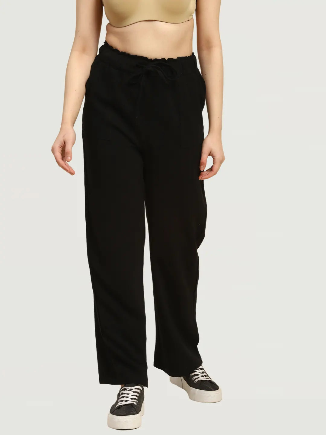Black Solid Cotton Linen Relaxed Lower