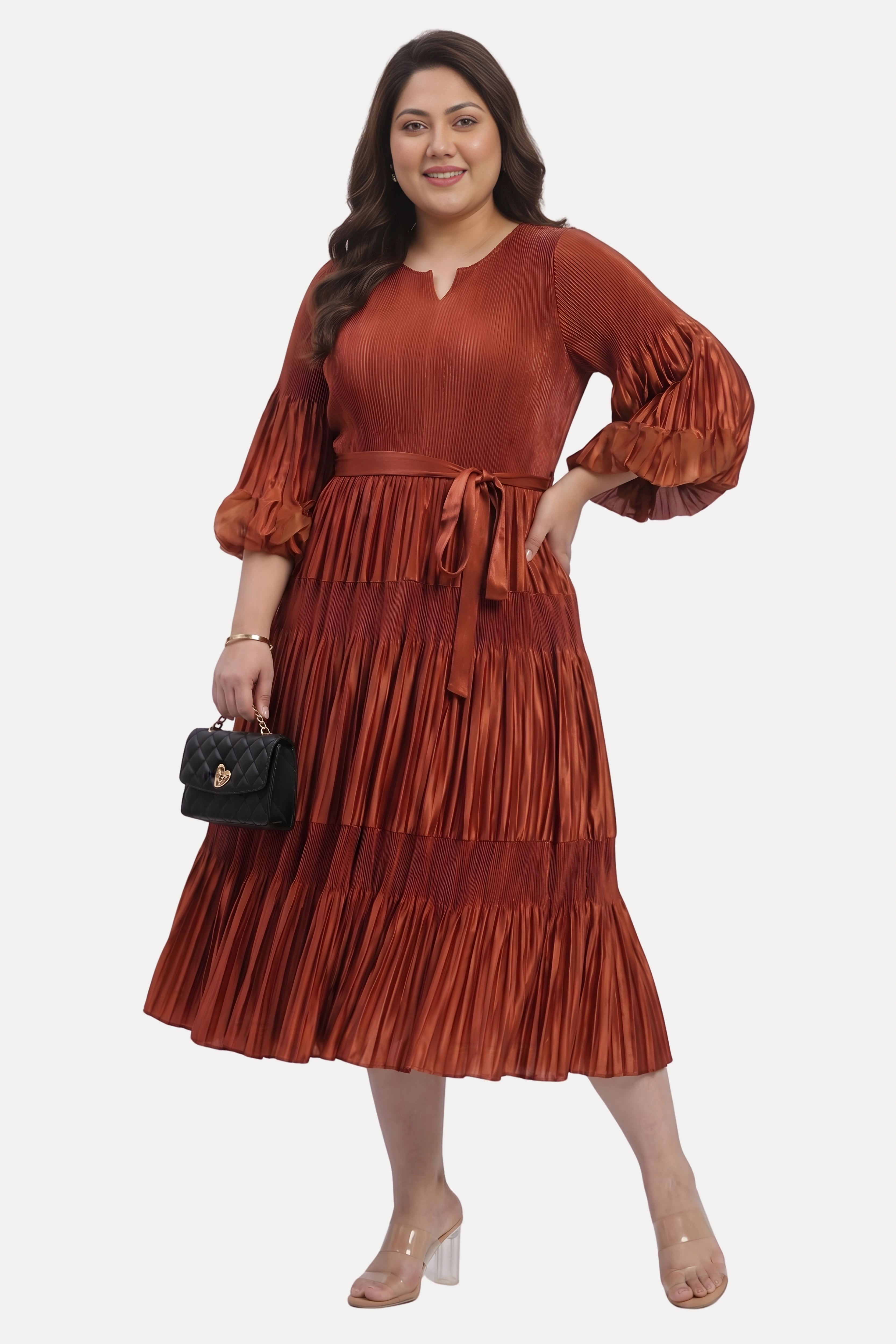Brick Rust Pleated Fit & Flare Midi Dress