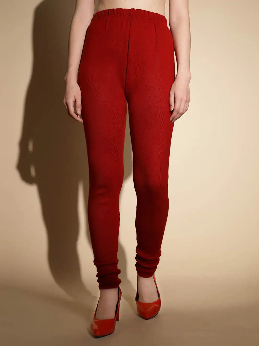 Maroon Solid Woolen High Rise Stretchable Churidar Legging