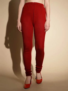 Maroon Solid Woolen High Rise Stretchable Churidar Legging