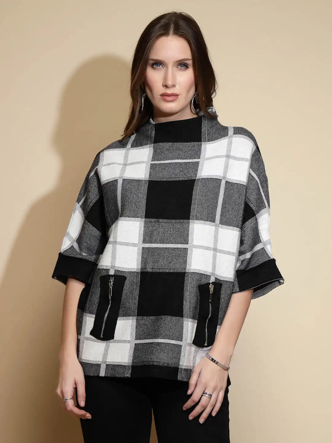 Black and White Check Raglan Sleeve Turtle Neck Acrylic Pullover Sweater