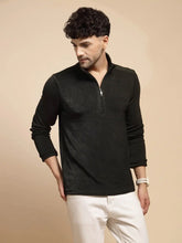 Black Solid Full Sleeve Collared Neck Polyester T-Shirt