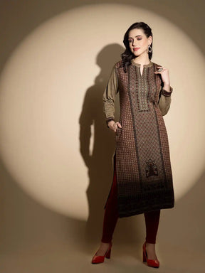 Beige Printed Full Sleeve Round With V-Neck Woolen Kurta