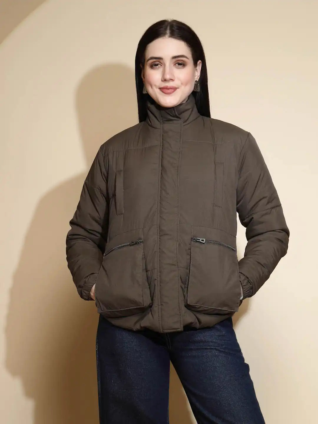 Olive Solid Puffer Jacket