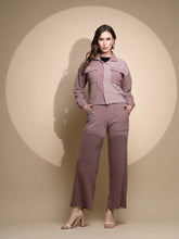 Women Purple Striped Full Sleeve Collared Neck Co-ord Set
